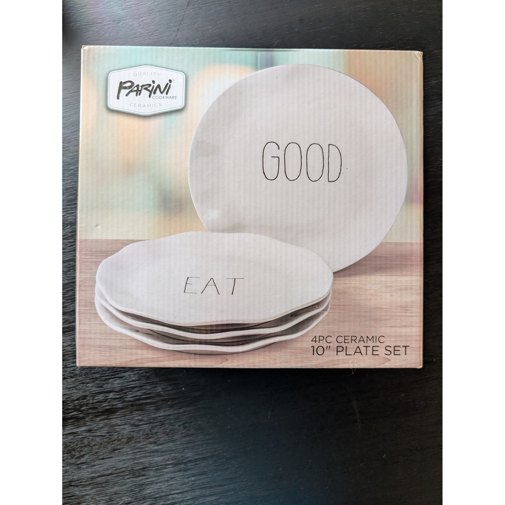 Parini Cookware 4pc Ceramic 10" Plate Set White Farmhouse Kitchen Gift Cottage